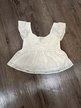 Forty/Thirty White Eyelet Ruffle Sleeve Smocked Babydoll Peplum Top